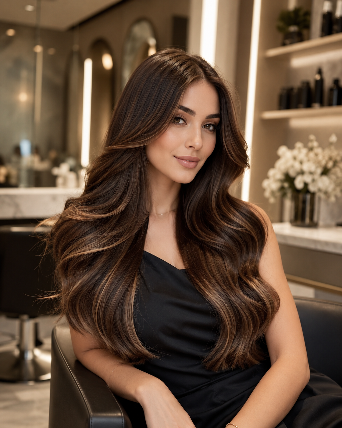 Woman with long wavy brunette hair with highlights in luxury salon — Luxury Extension at Maison of Braids