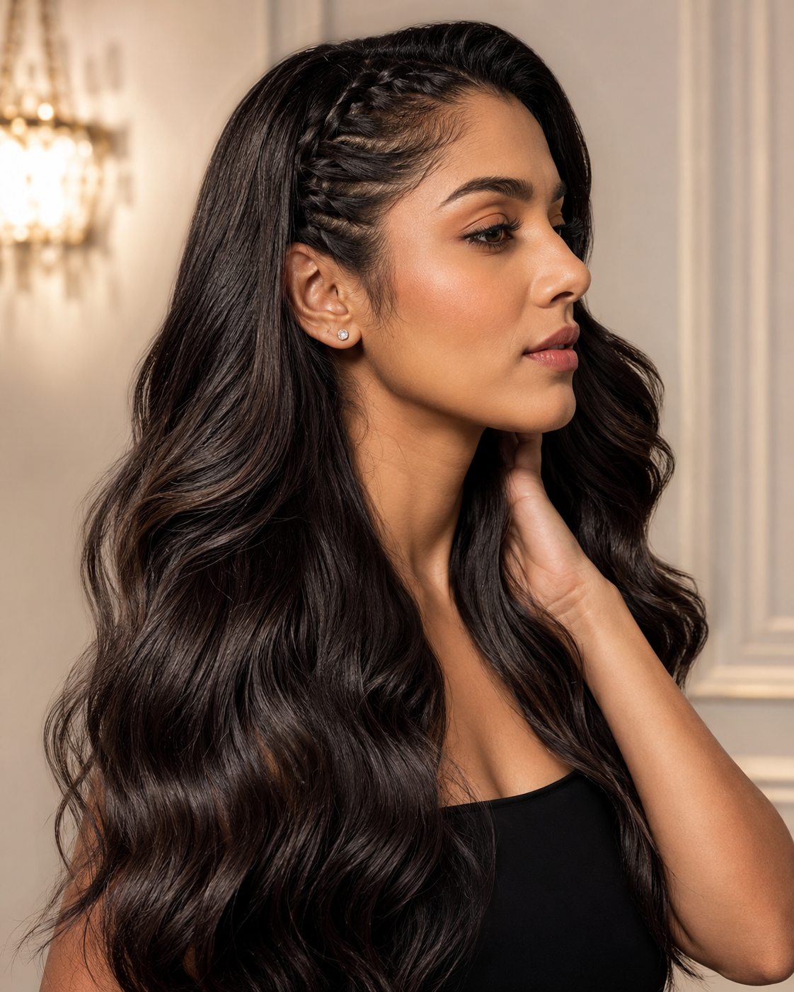 Woman with long wavy hair and side braids showcasing luxury extension services at Maison of Braids