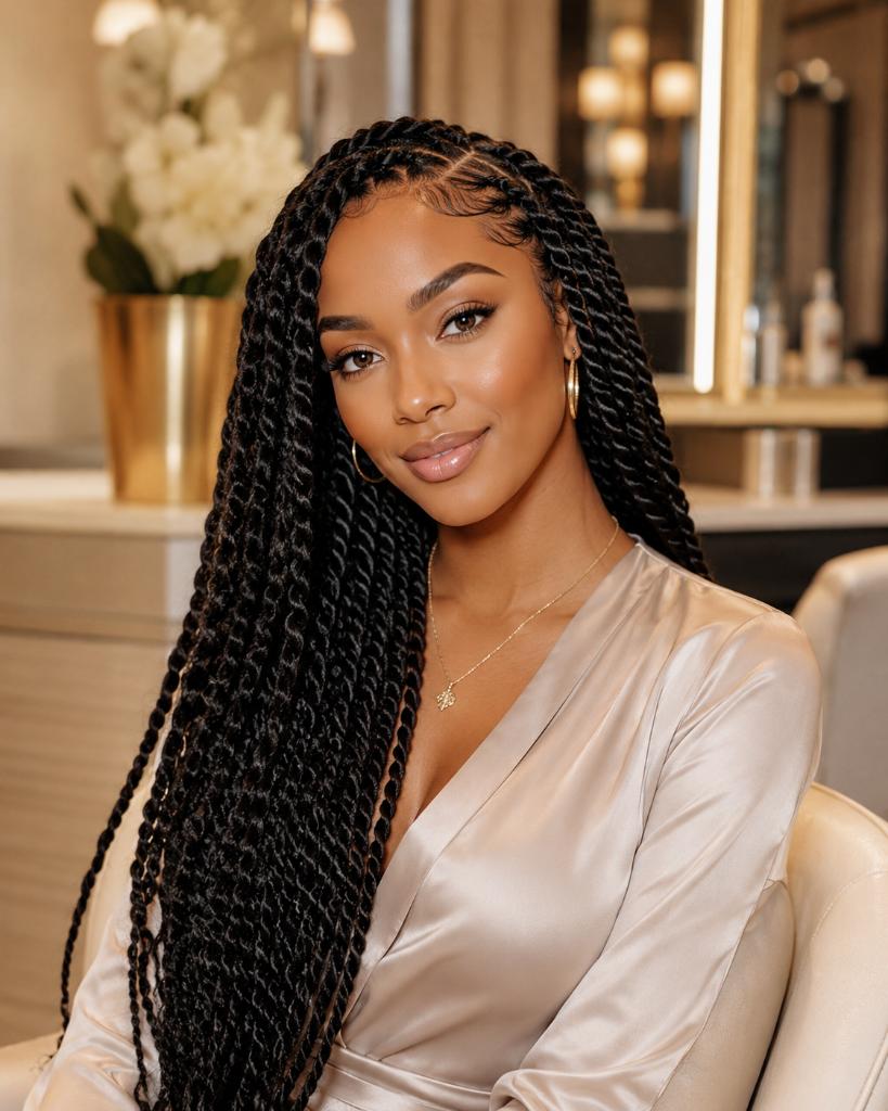 Woman in beige blouse with Senegalese twists at Maison of Braids
