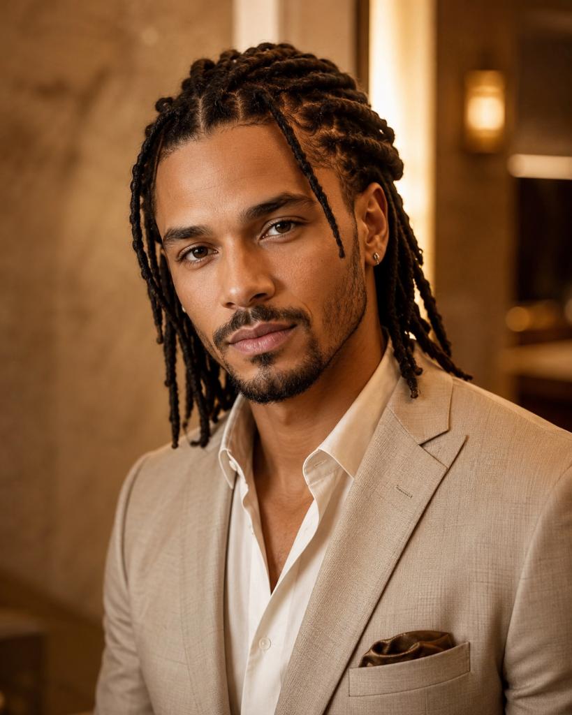 Man in beige suit with locs at Maison of Braids